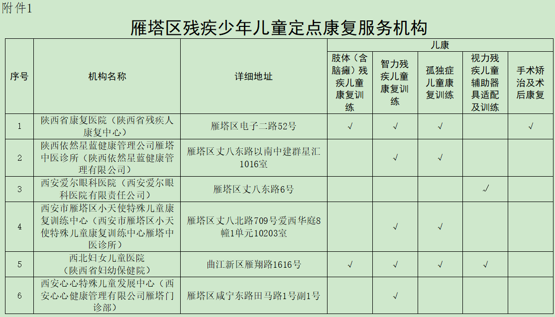 雁塔区残疾少年儿童定点康复服务机构一览表